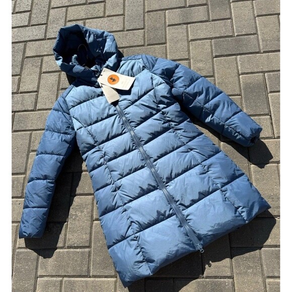Save The Duck Mega15 Taylor Long Quilted Puffer Jacket Coat Blue NWT $298 XS - Picture 1 of 14